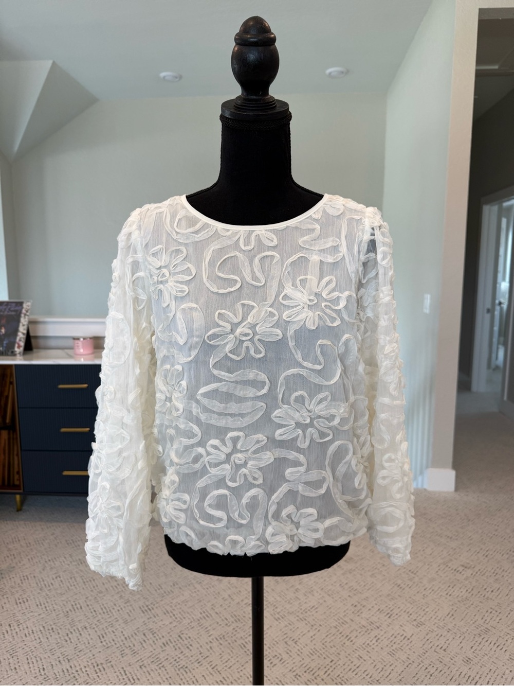 LOFT Ivory Floral Applique Tie Back Blouse